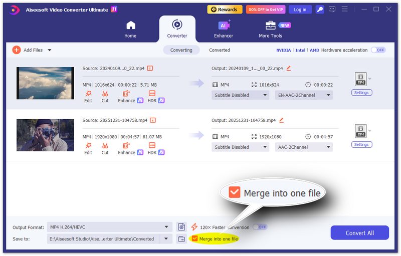 Marque la opción Combinar en un solo archivo.