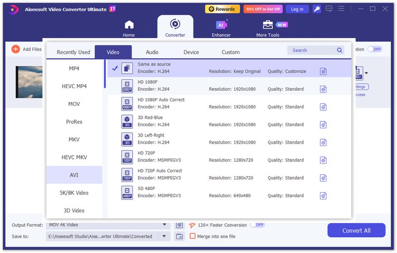 Elija el formato AVI