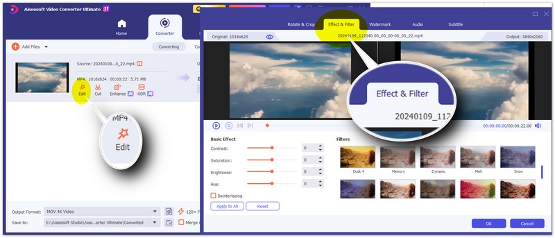 Seleccione Efecto y Filtro