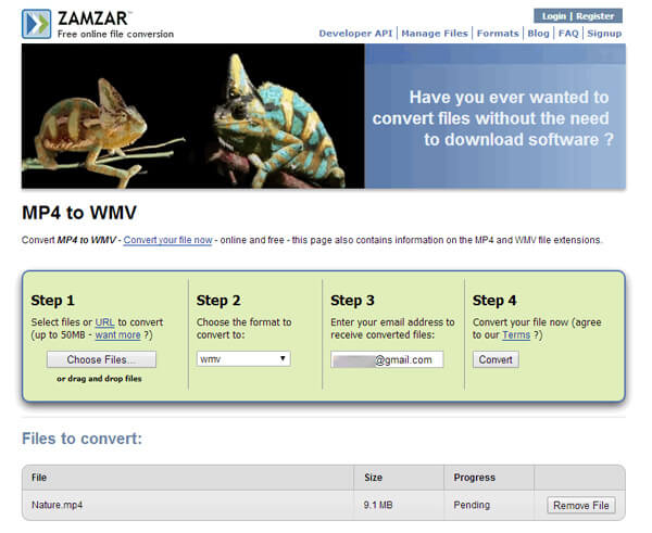 Convierte MP4 a WMV con Zamzar