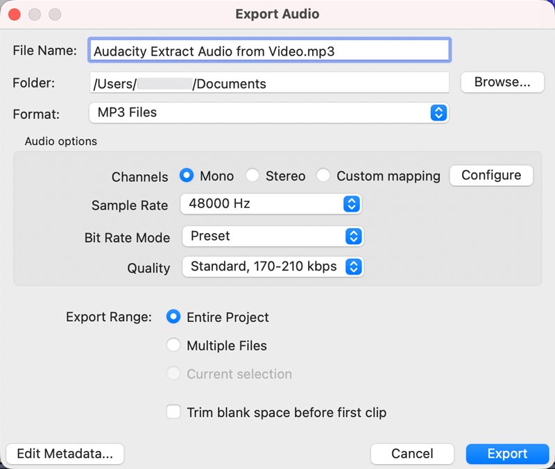 Exportar audio a MP3 con Audacity