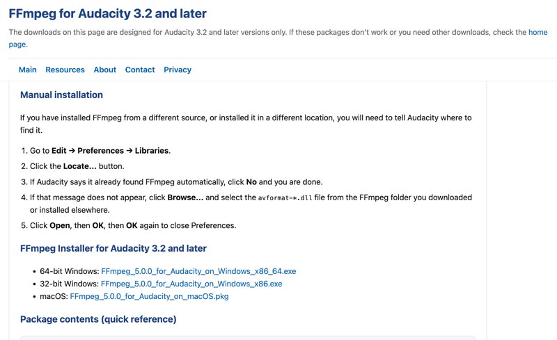 Descarga FFmpeg para Audacity