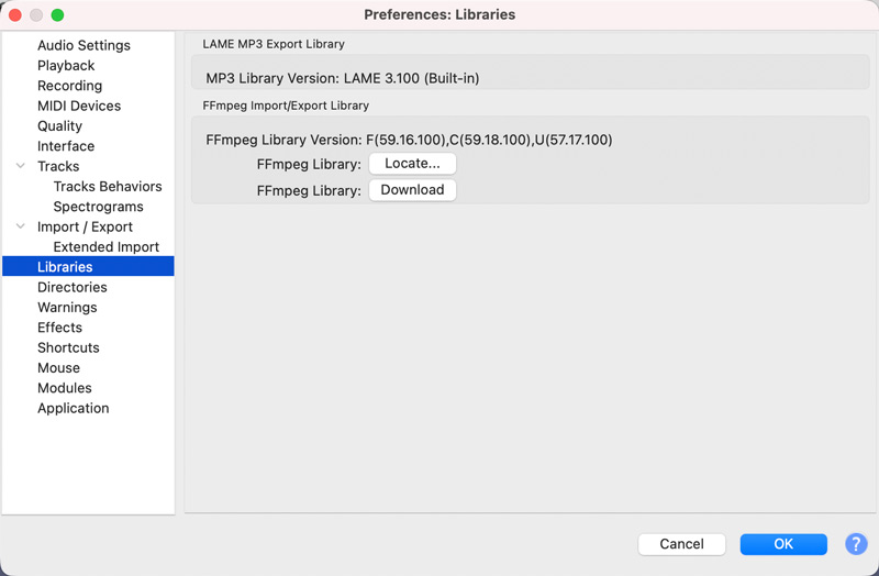Localizar la biblioteca FFmpeg en Audacity