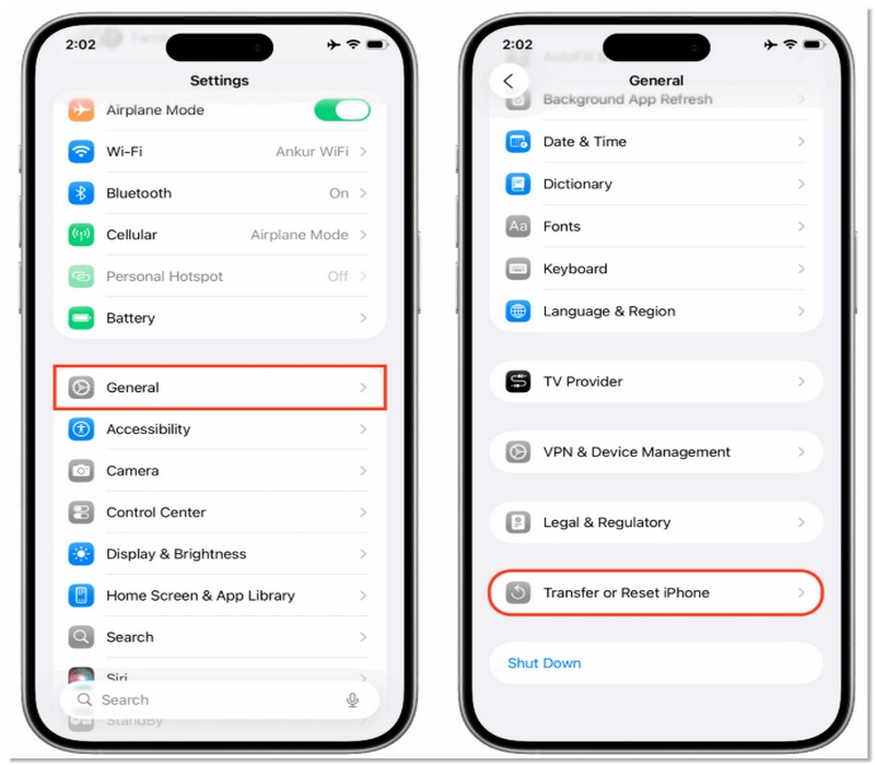 Toca Transferir o Restablecer iPhone