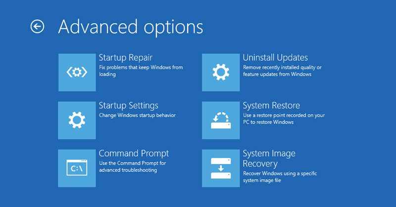 Opciones avanzadas del modo de recuperación de Windows