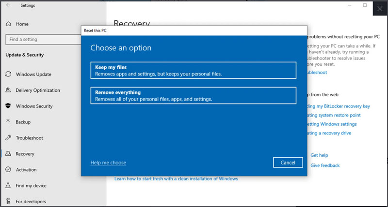 Restablecer valores de fábrica en Windows 10: eliminar todo
