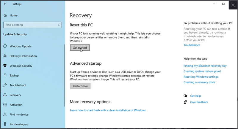 Windows 10 Restablecer esta PC Comenzar