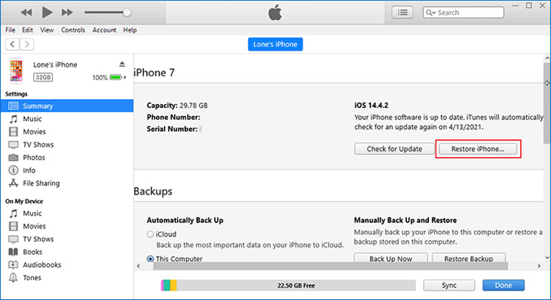 Presione Shift para restaurar el iPhone en iTunes