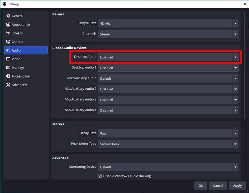 Configuración Audio del escritorio deshabilitado