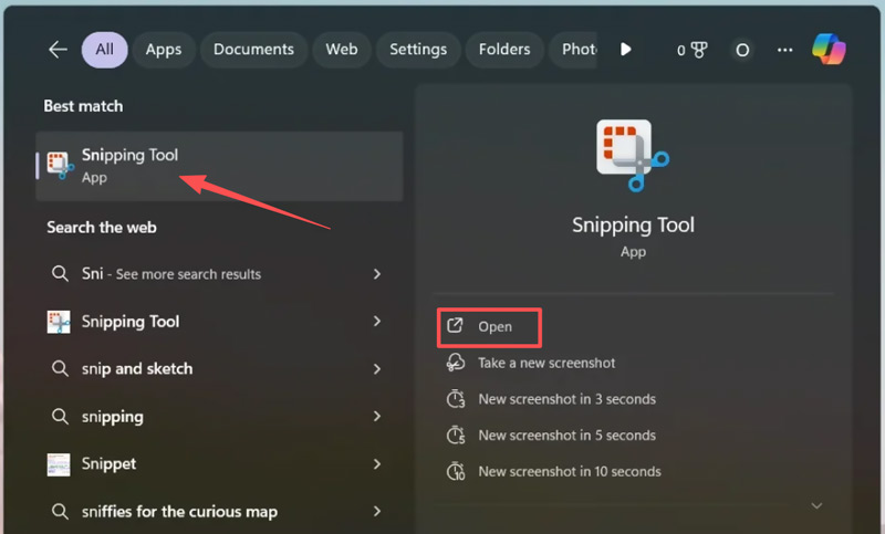 Abrir la herramienta Recortes en una computadora portátil con Windows 11