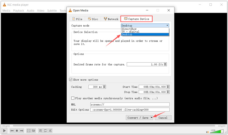 Seleccionar dispositivo de captura VLC en el escritorio