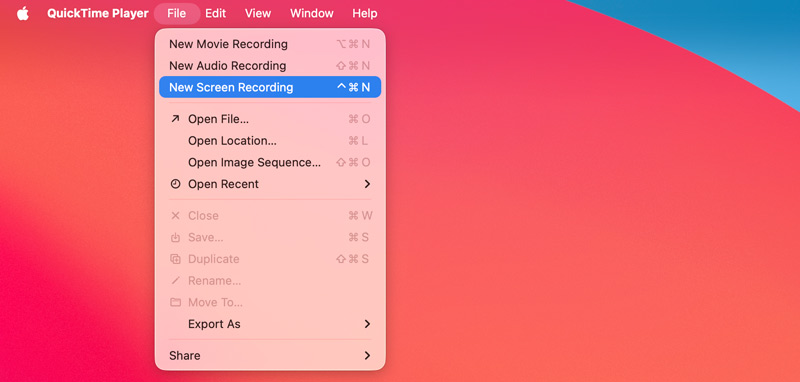 Open Quicktime Player Choose New Screen Recording