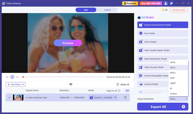 Choose AI Model of Aiseesoft Video Upscaler