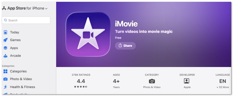 Aplicación de edición de vídeo iMovie