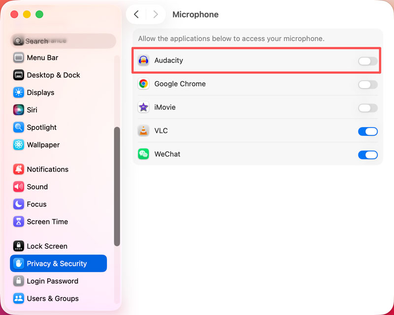 Micrófono de privacidad y seguridad para Mac para Audacity