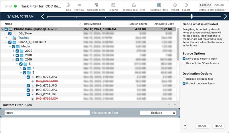 Filtro de tareas de copia de seguridad de Carbon Copy Cloner