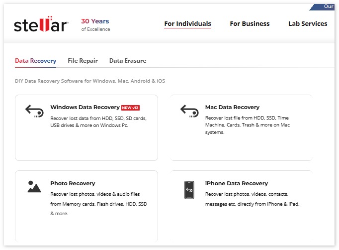 Página principal de recuperación de datos de Stellar