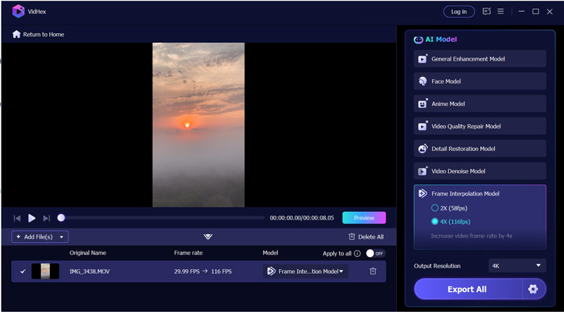 Modelo de interpolación de fotogramas de vídeo Vidhex Ai