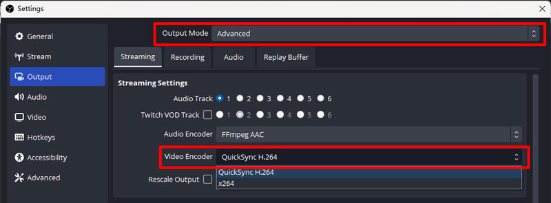 Cambiar la codificación de vídeo en OBS