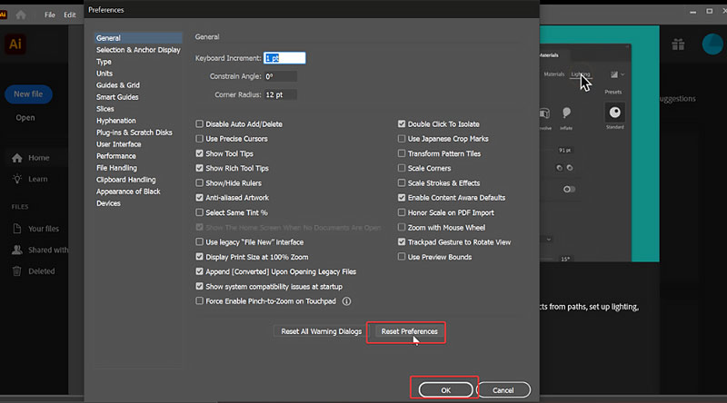 Restablecer las preferencias de Adobe Illustrator