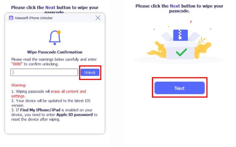 Haga clic en Desbloquear después del código