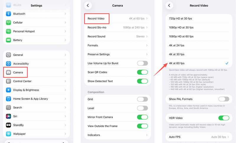 Configura los ajustes de la cámara del iPhone para grabar en 4K.