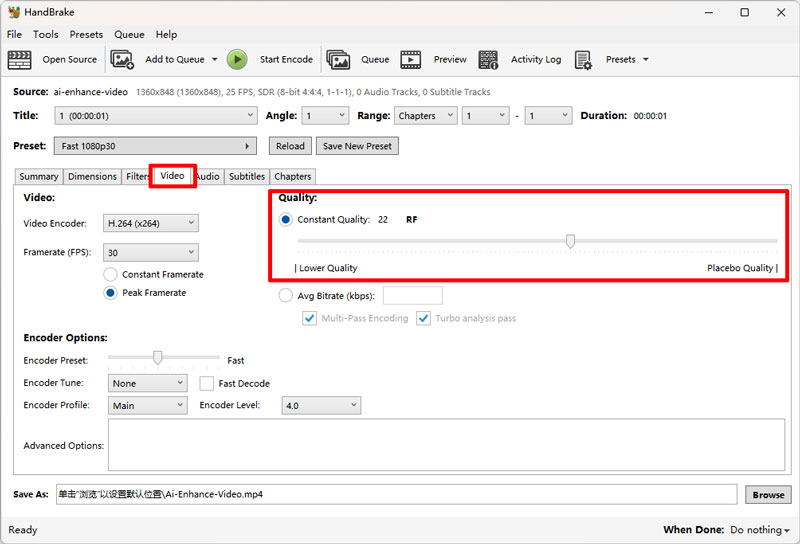 Ajuste la mejor configuración de RF para aumentar la escala en Handbrake