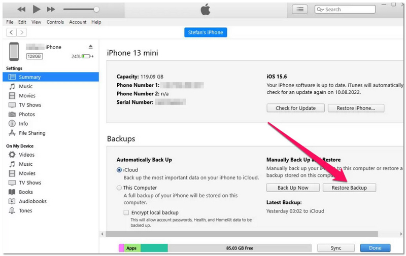 Haz clic en Restaurar copia de seguridad de iTunes